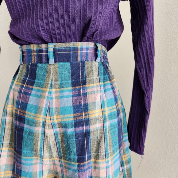 Vintage Fundamental Things Plaid Pleated High Waisted Linen Shorts Teal Purple 2 - Picture 6 of 11